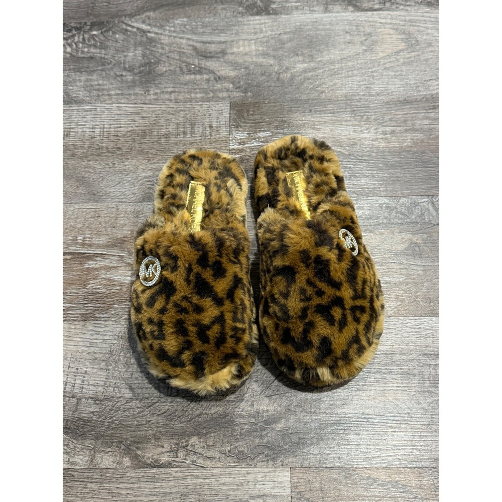 Michael Kors Janie Leopard Faux Fur Slippers Crystal MK Logo Brown Loungewear
